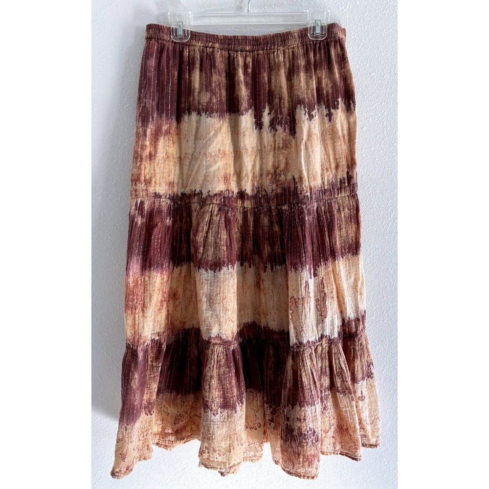 Vintage Maxi Skirt Womens Large Tiered Tie Dye Brown Boho Coastal Festival